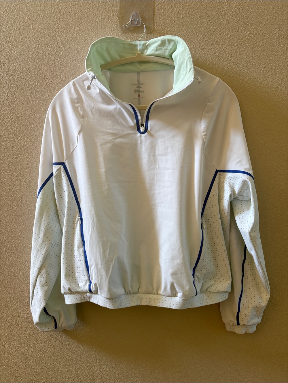 Sweaty Betty White Quarter Zip Pullover with Blue Piping